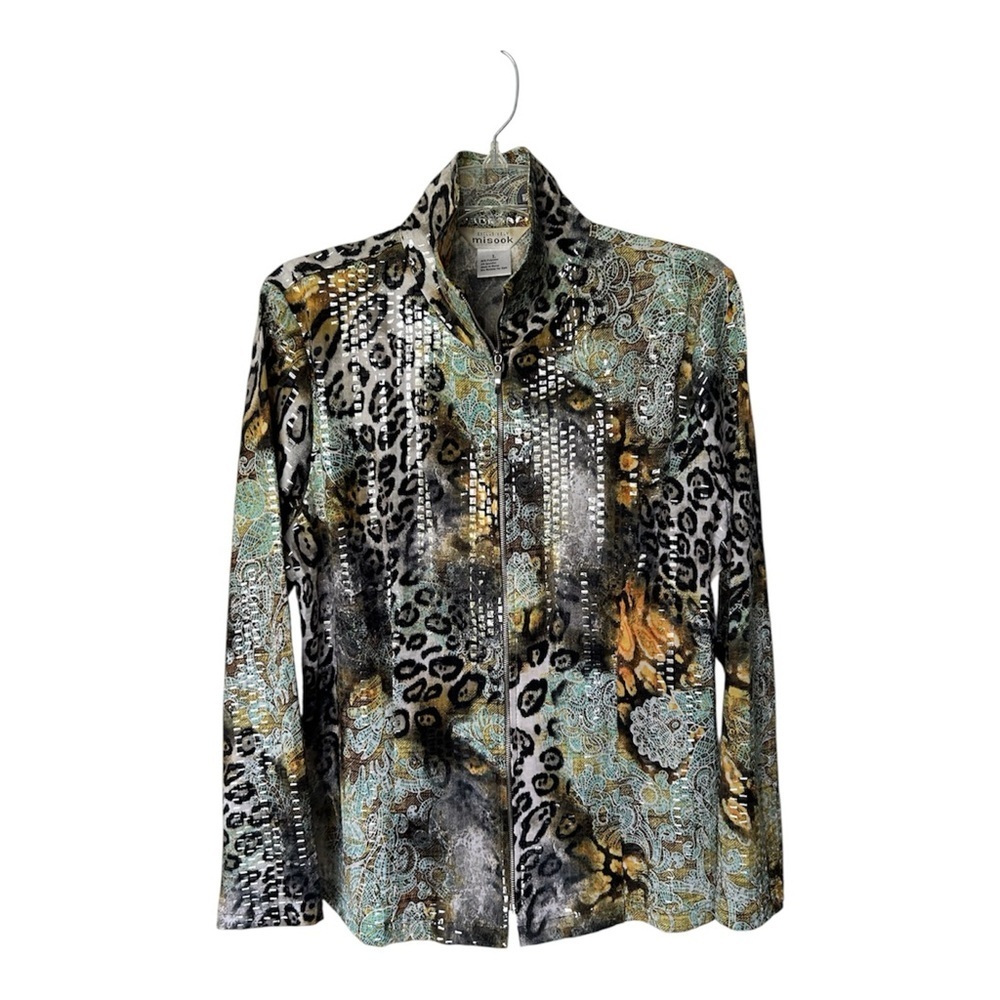Exclusively Misook Jacket Stretch Sequins Animal Print Zip Artsy Excellent L
